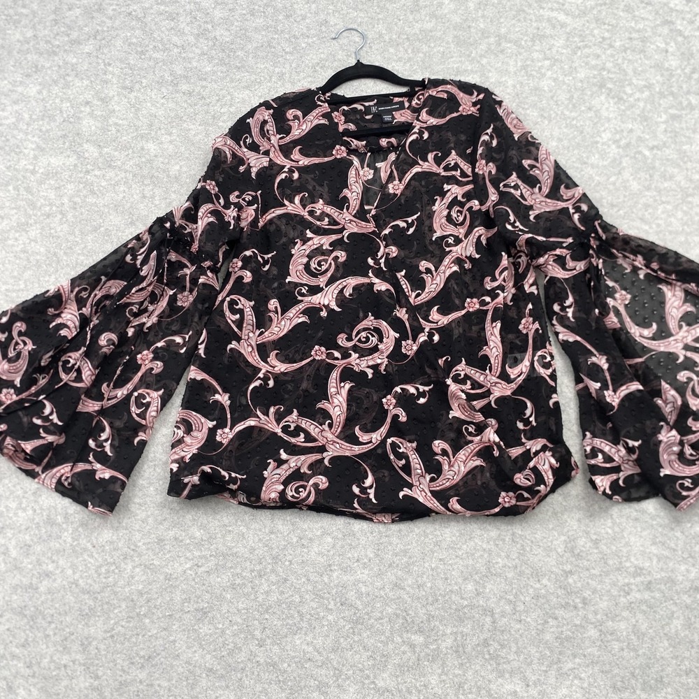 INC International Concepts Blouse Womens M Black Floral Bell Sleeve Sheer Top
